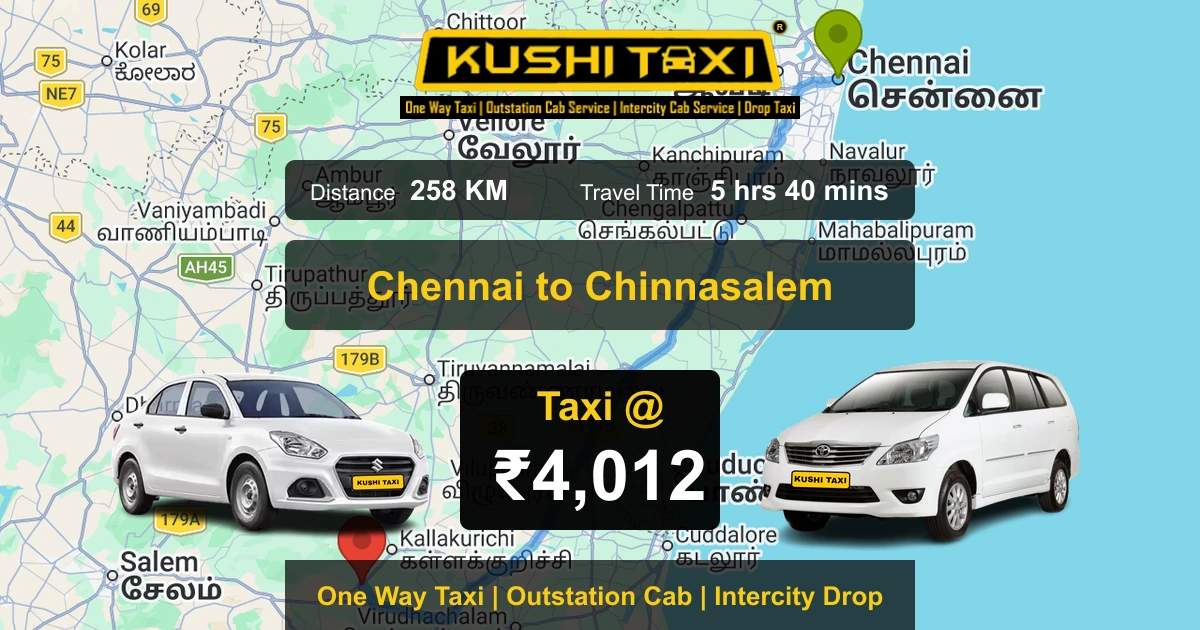 Chennai to Chinnasalem taxi route map with distance, travel time and fare