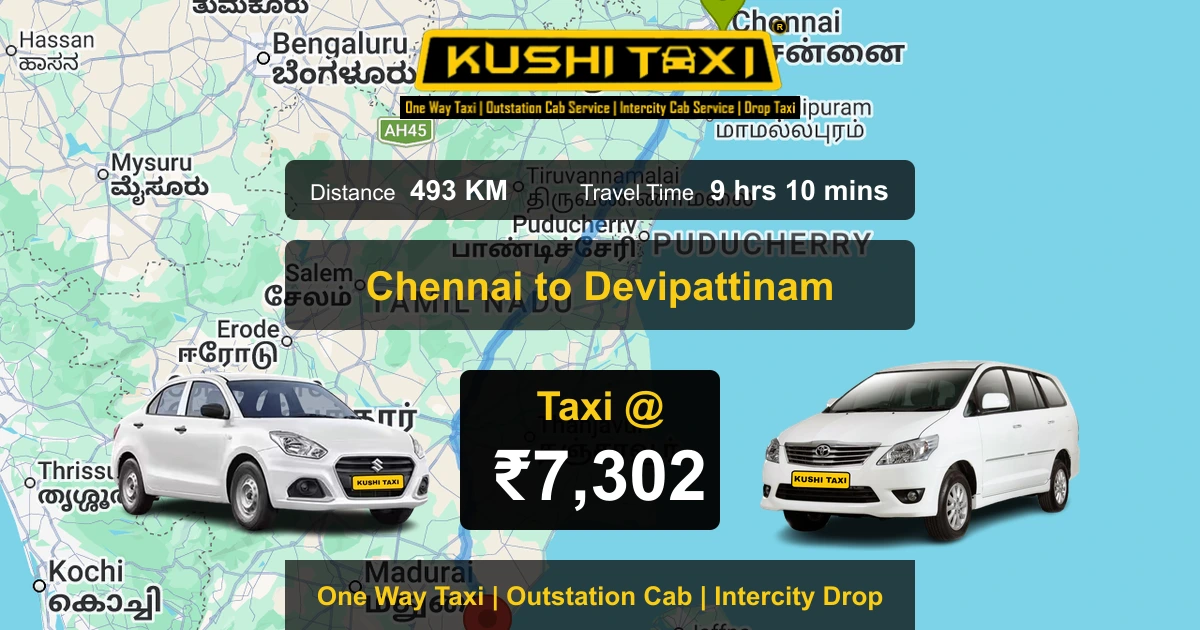 Chennai to Devipattinam taxi route map with distance, travel time and fare