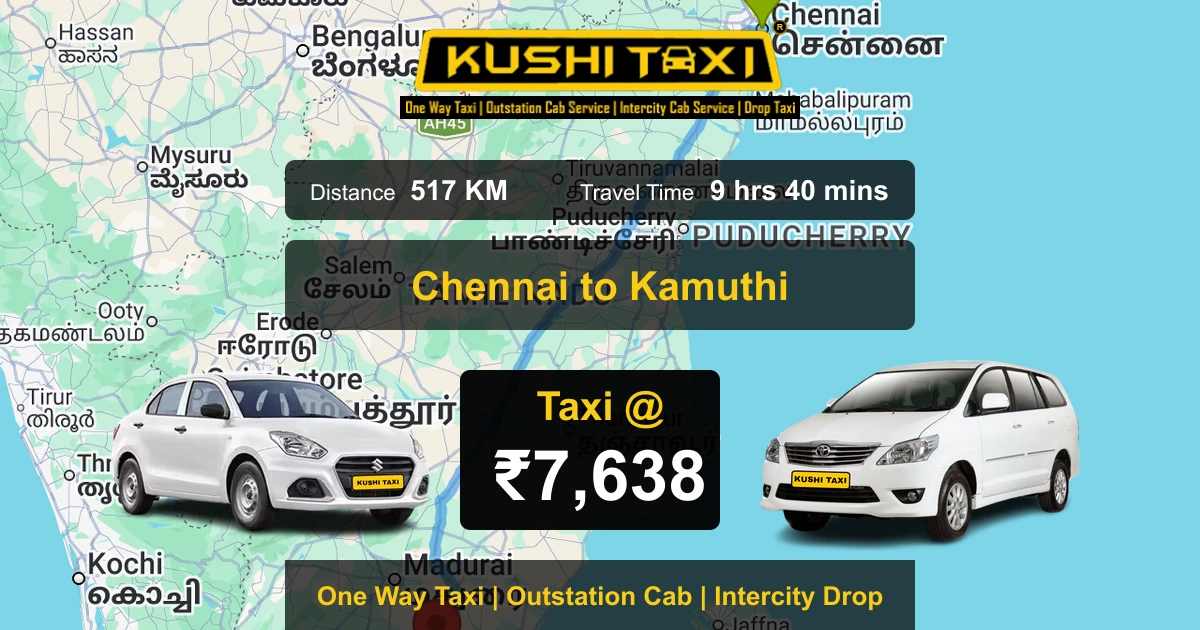 Chennai to Kamuthi taxi route map with distance, travel time and fare