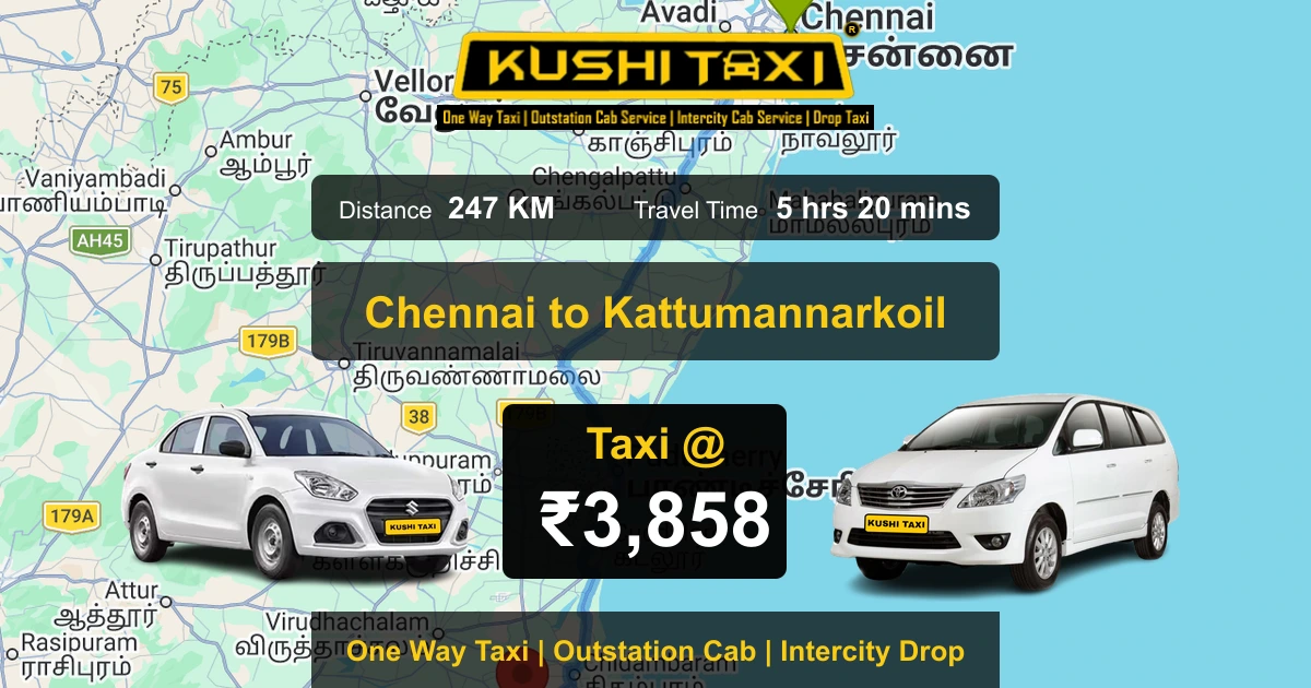 Chennai to Kattumannarkoil taxi route map with distance, travel time and fare