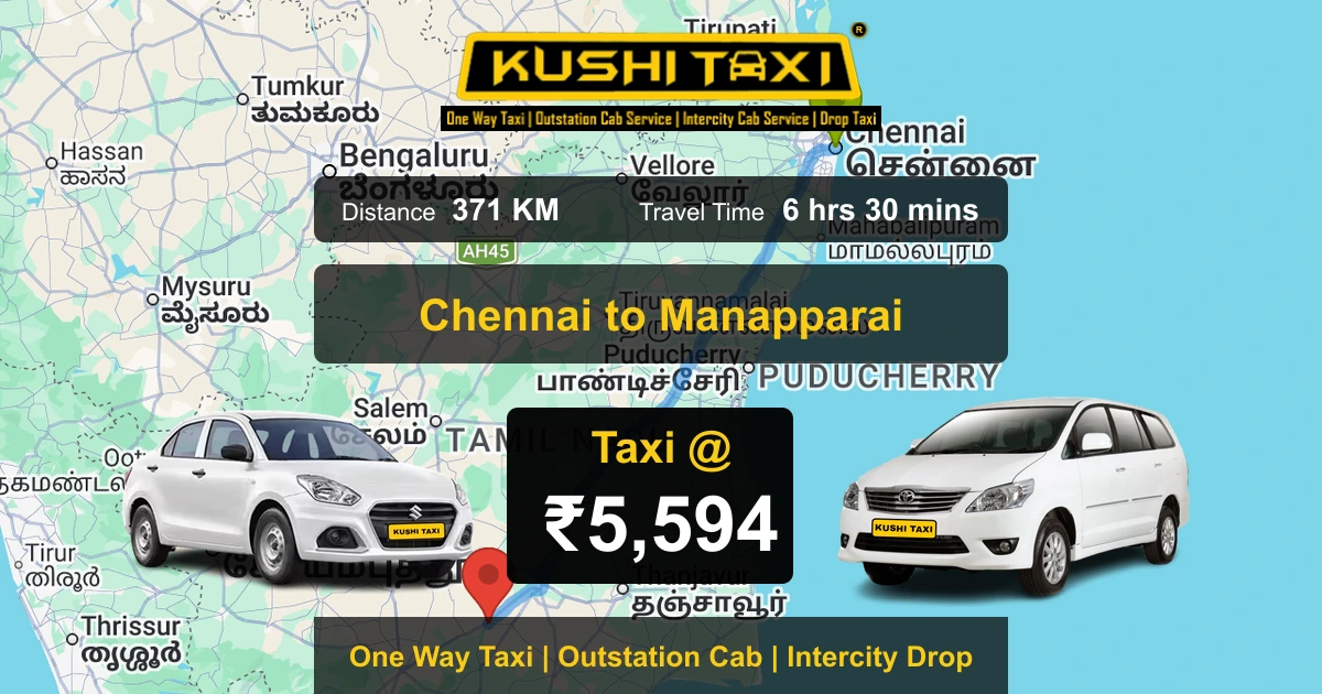 Chennai to Manapparai taxi route map with distance, travel time and fare