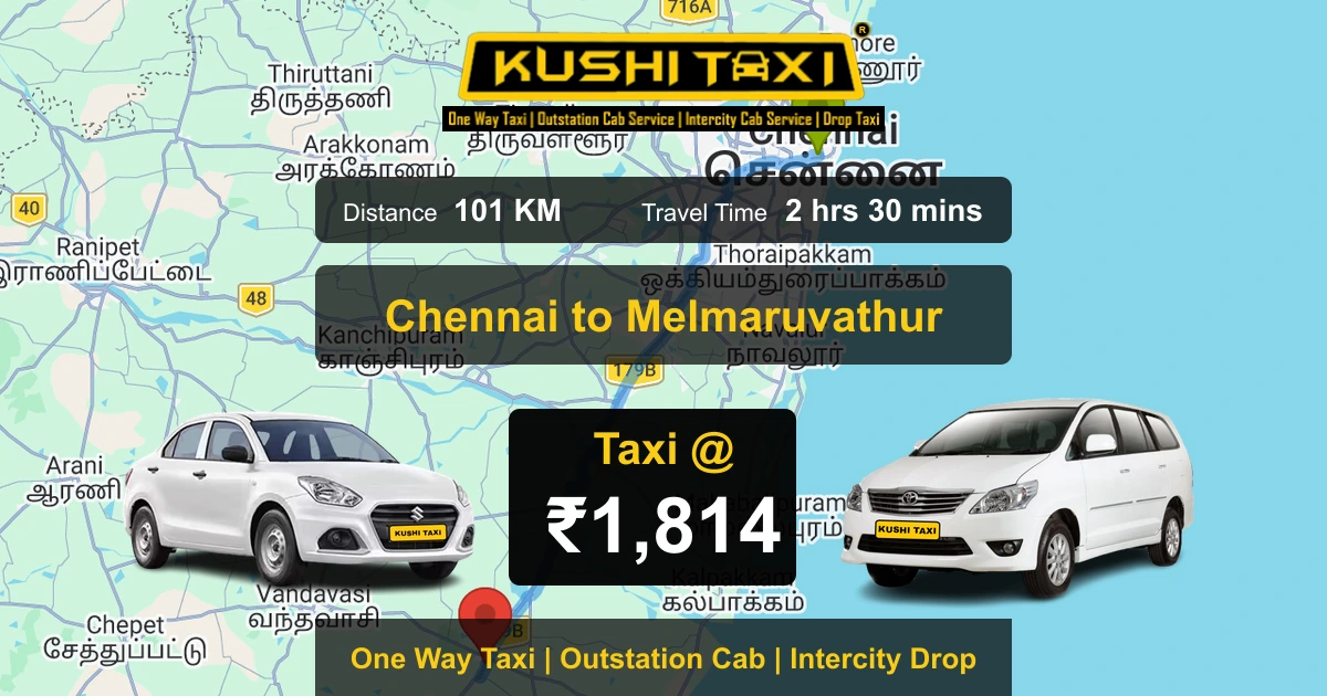 Chennai to Melmaruvathur taxi route map with distance, travel time and fare