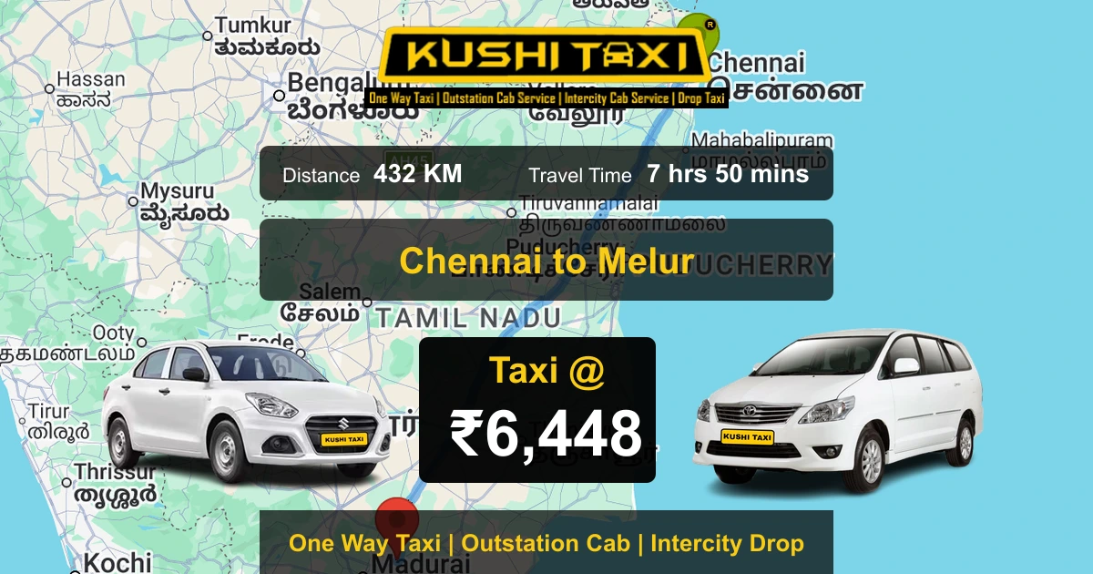 Chennai to Melur taxi route map with distance, travel time and fare