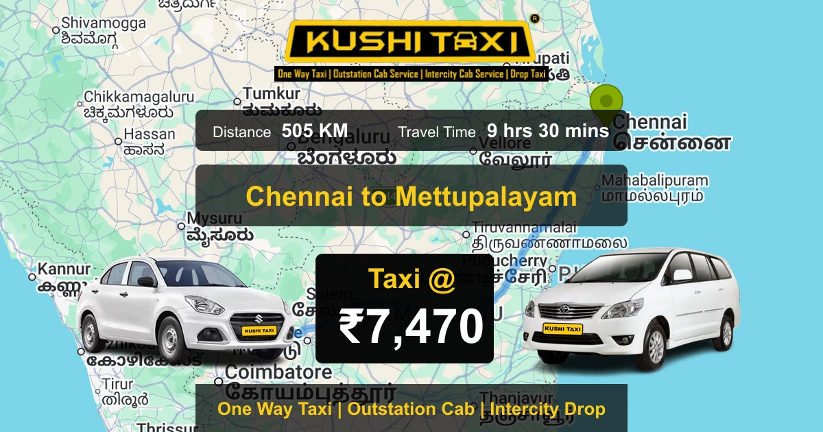 Chennai to Mettupalayam taxi route map with distance, travel time and fare