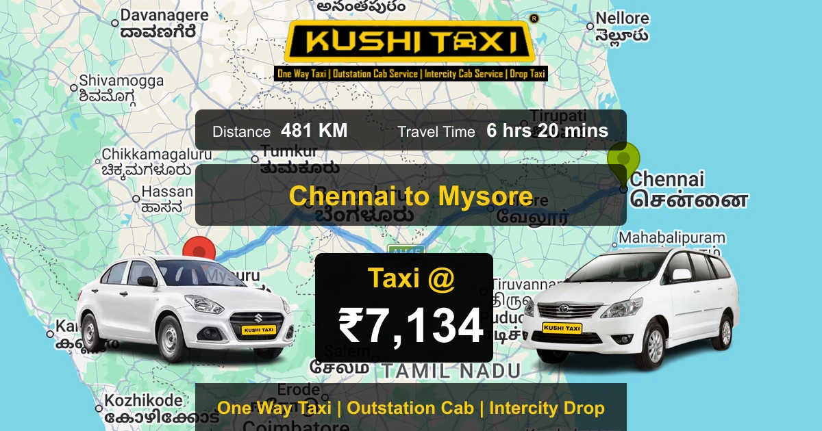 Chennai to Mysore taxi route map with distance, travel time and fare