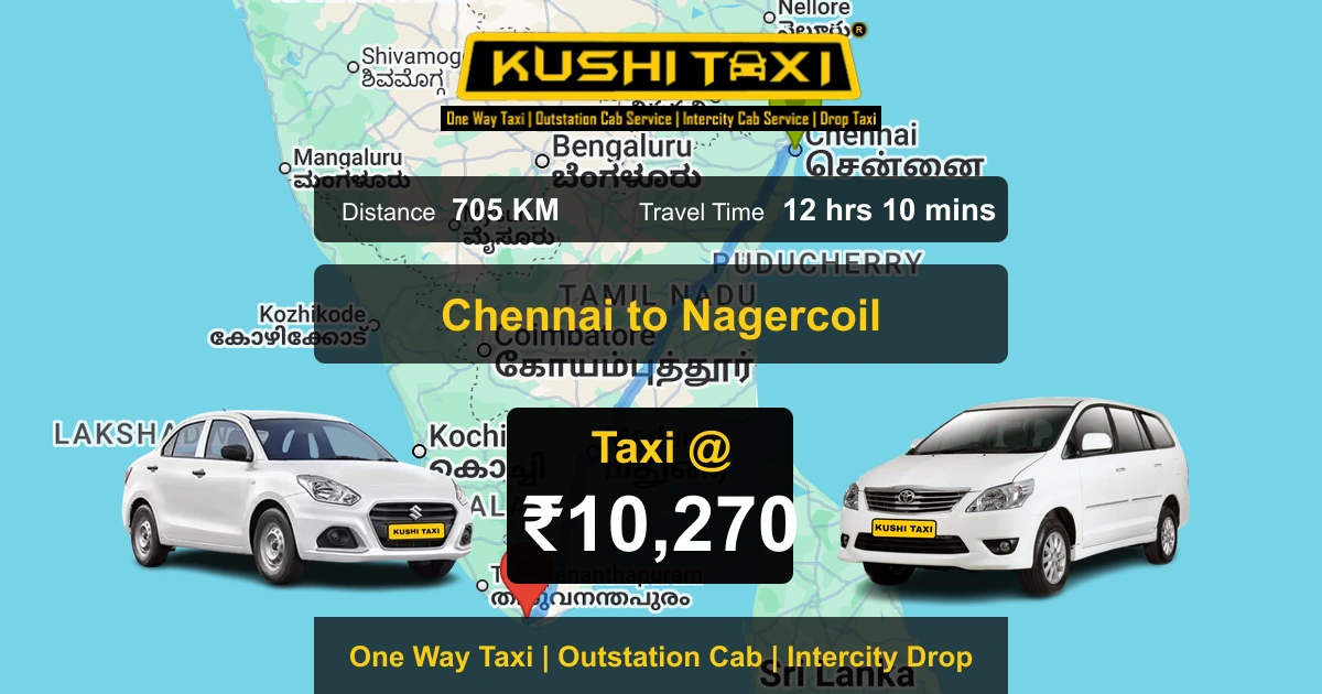 Chennai to Nagercoil taxi route map with distance, travel time and fare