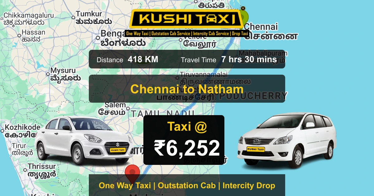 Chennai to Natham taxi route map with distance, travel time and fare