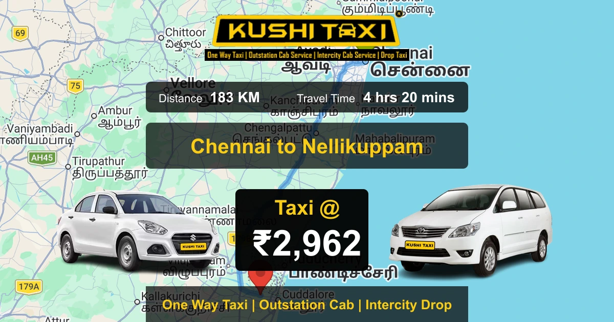 Chennai to Nellikuppam taxi route map with distance, travel time and fare