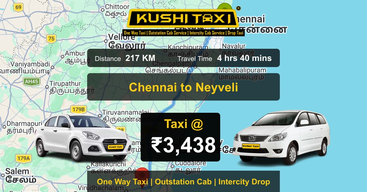 Chennai to Neyveli taxi route map with distance, travel time and fare
