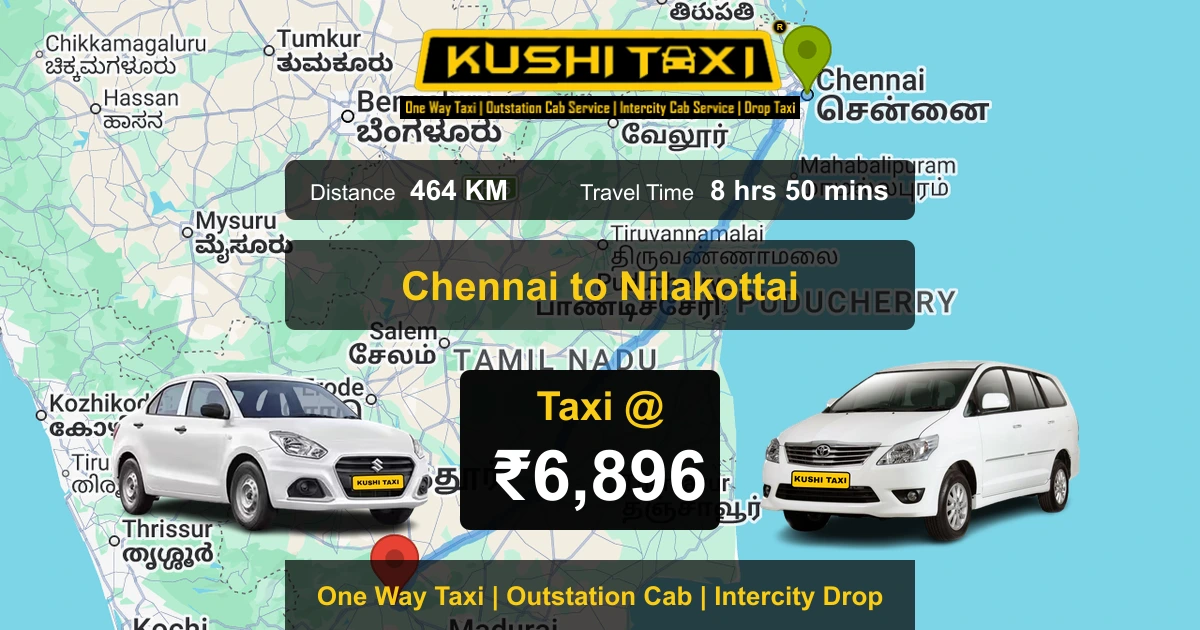 Chennai to Nilakottai taxi route map with distance, travel time and fare
