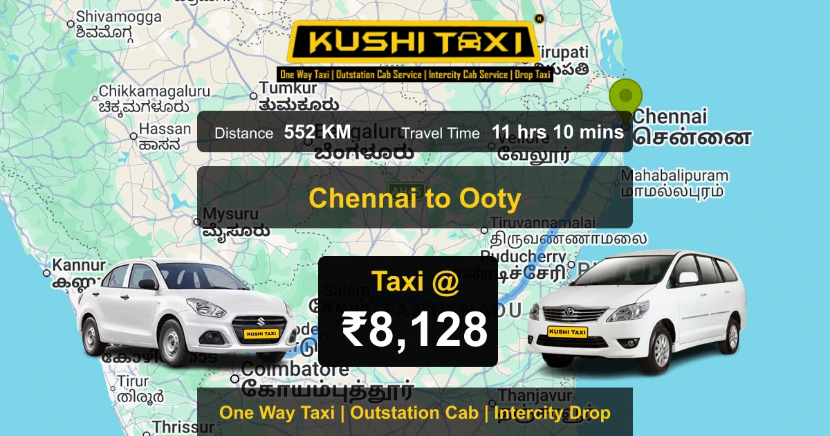 Chennai to Ooty taxi route map with distance, travel time and fare