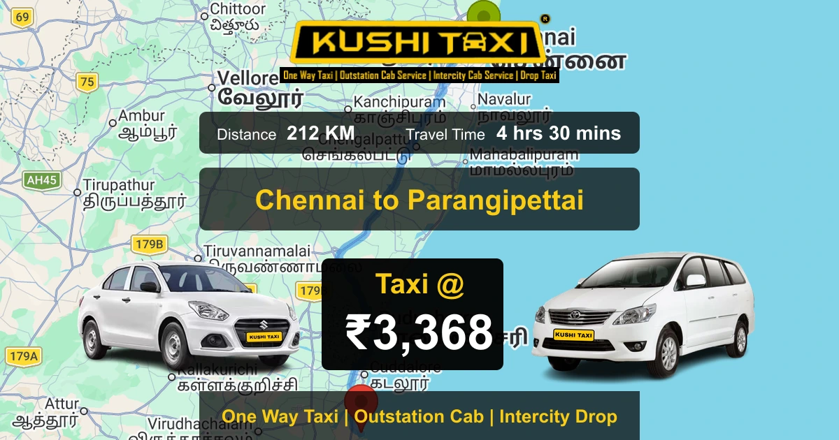 Chennai to Parangipettai taxi route map with distance, travel time and fare