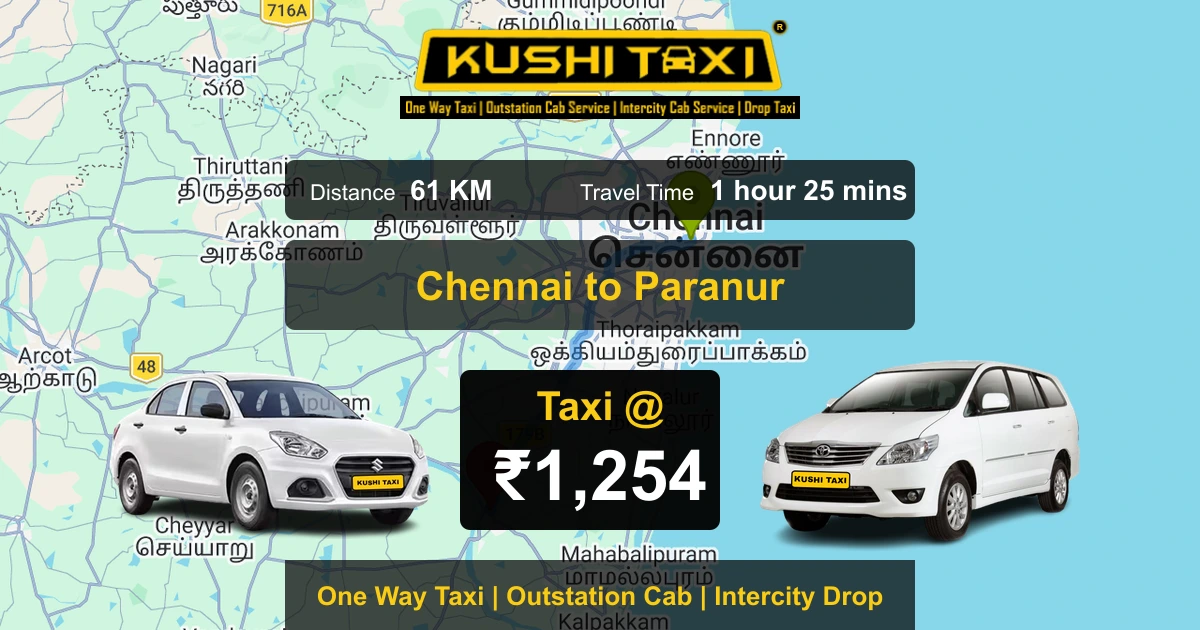 Chennai to Paranur taxi route map with distance, travel time and fare