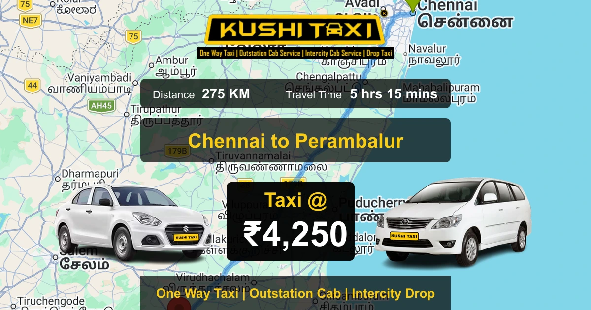 Chennai to Perambalur taxi route map with distance, travel time and fare