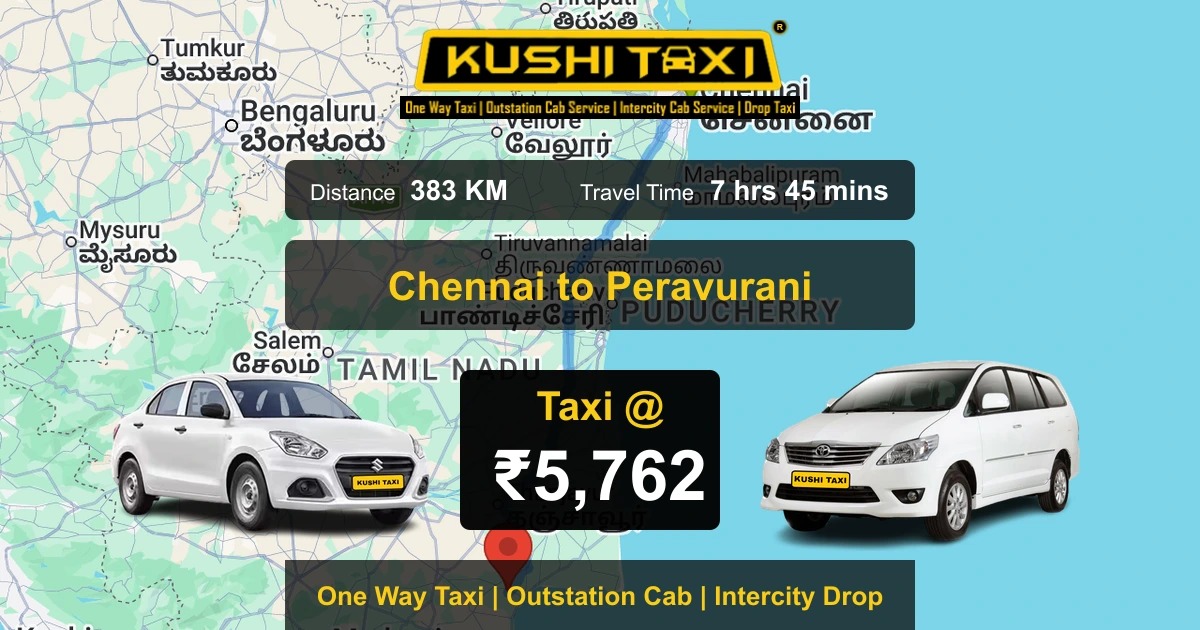 Chennai to Peravurani taxi route map with distance, travel time and fare