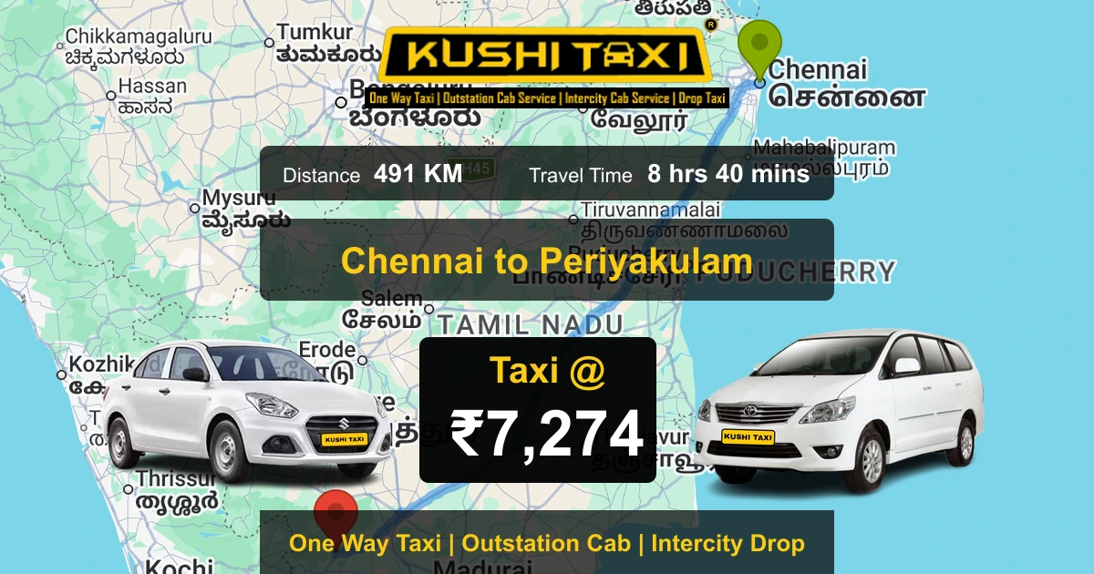 Chennai to Periyakulam taxi route map with distance, travel time and fare