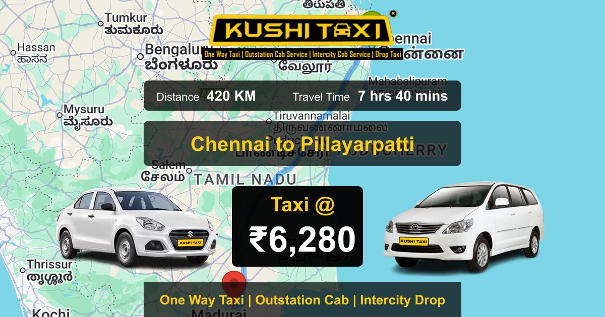 Chennai to Pillayarpatti taxi route map with distance, travel time and fare