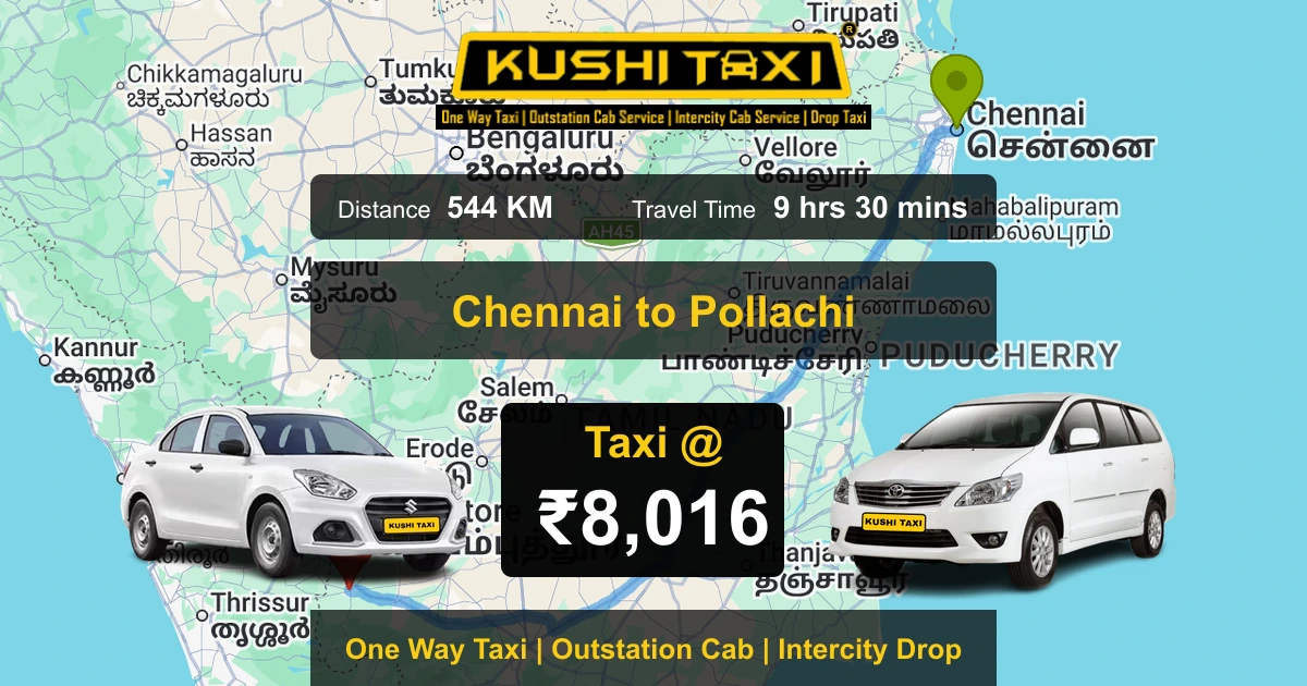Chennai to Pollachi taxi route map with distance, travel time and fare