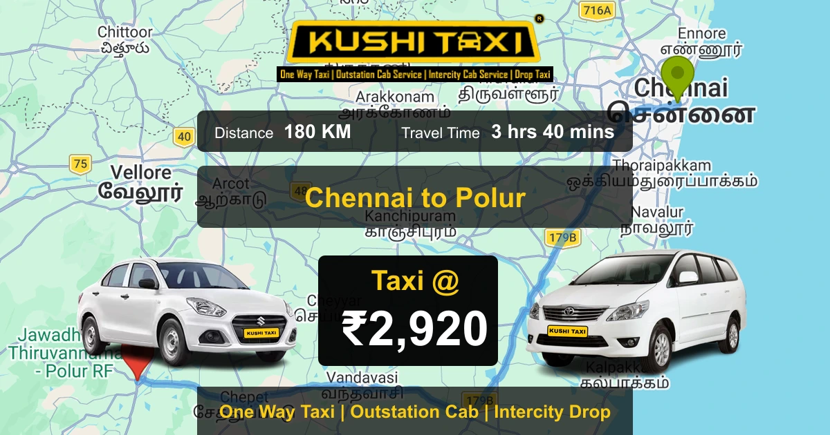 Chennai to Polur taxi route map with distance, travel time and fare