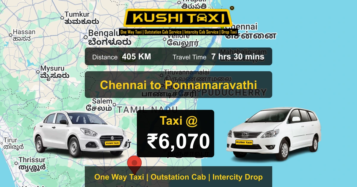 Chennai to Ponnamaravathi taxi route map with distance, travel time and fare