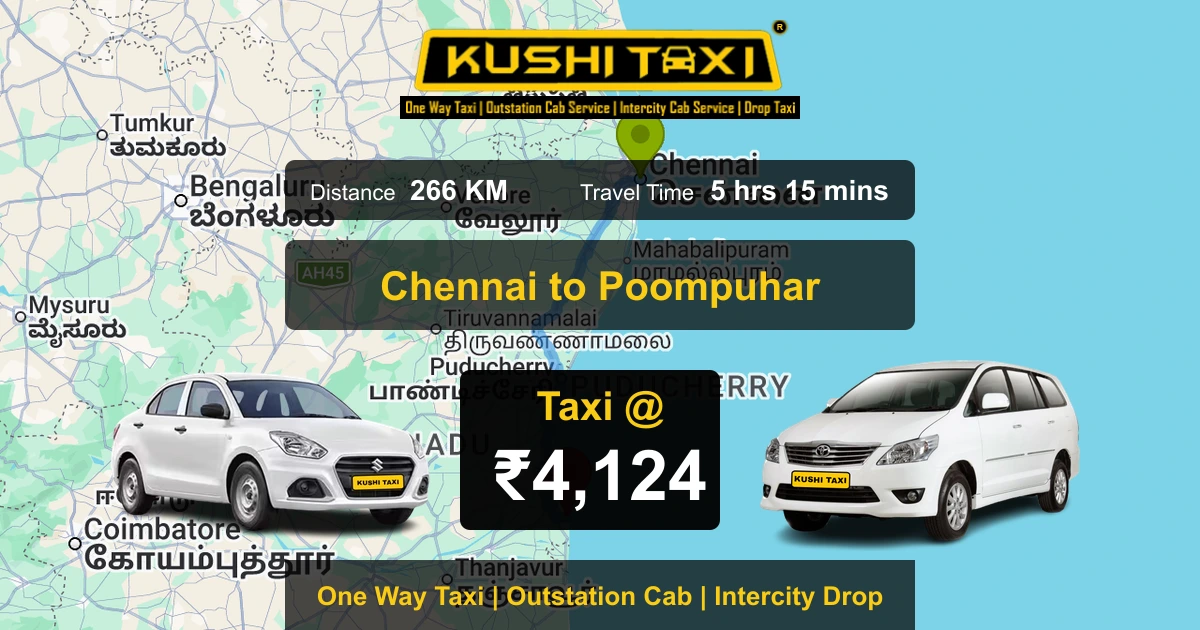 Chennai to Poompuhar taxi route map with distance, travel time and fare