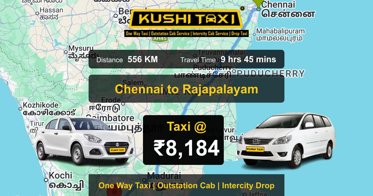 Chennai to Rajapalayam taxi route map with distance, travel time and fare