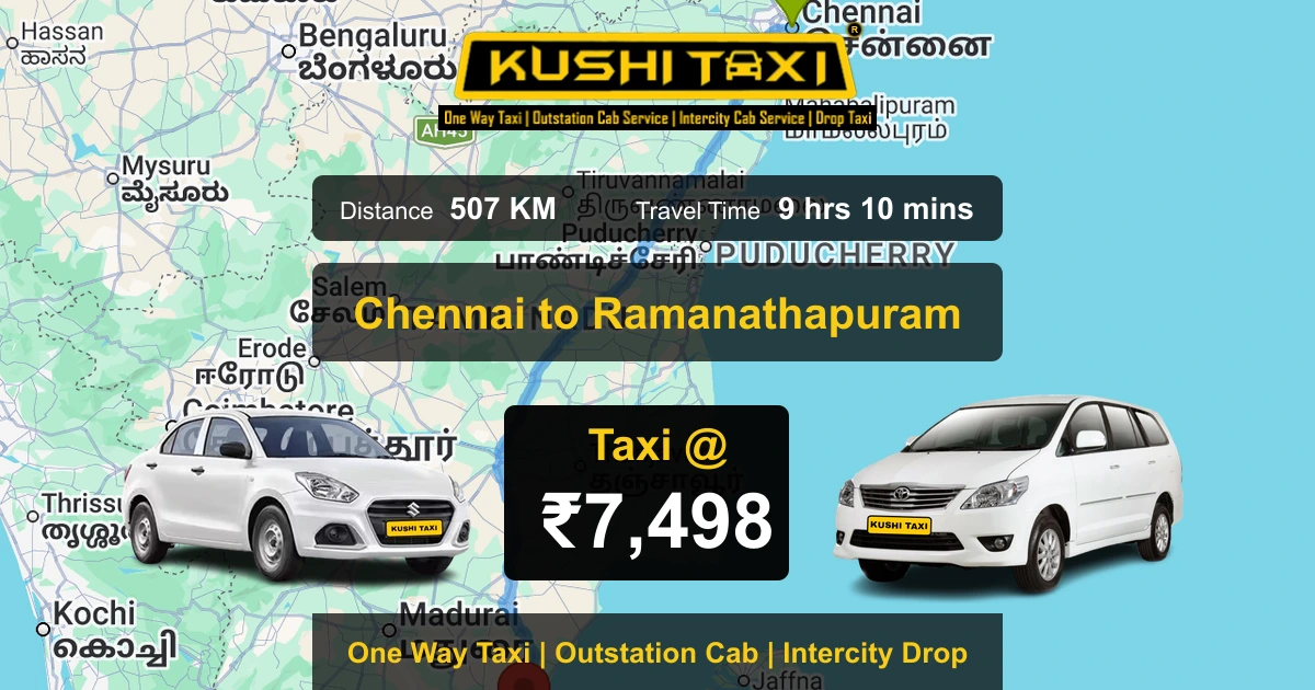 Chennai to Ramanathapuram taxi route map with distance, travel time and fare