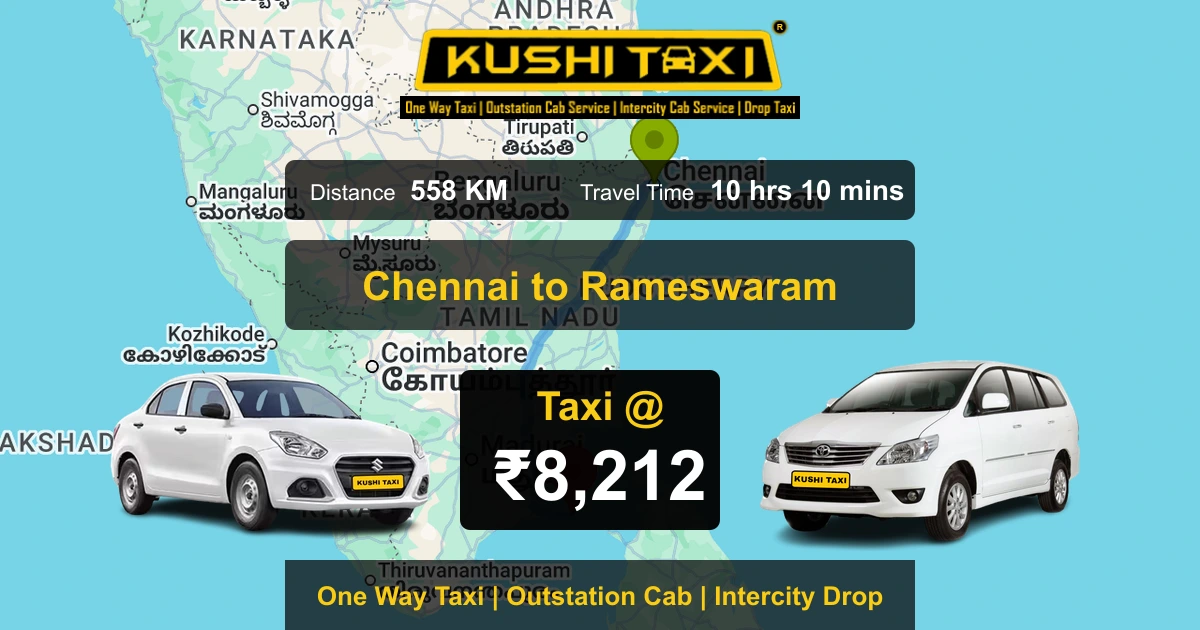 Chennai to Rameswaram taxi route map with distance, travel time and fare