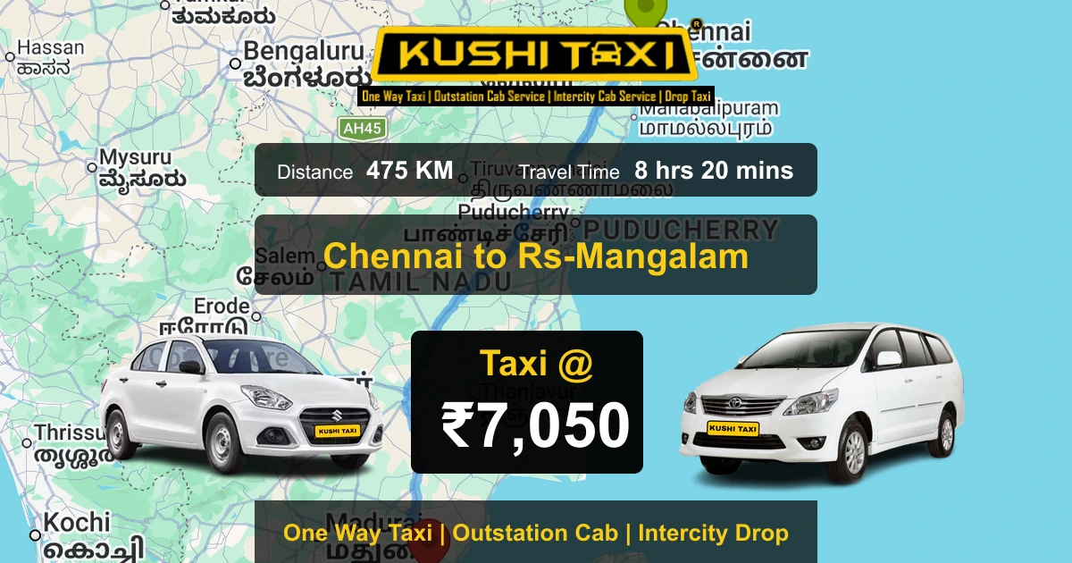 Chennai to Rs-Mangalam taxi route map with distance, travel time and fare