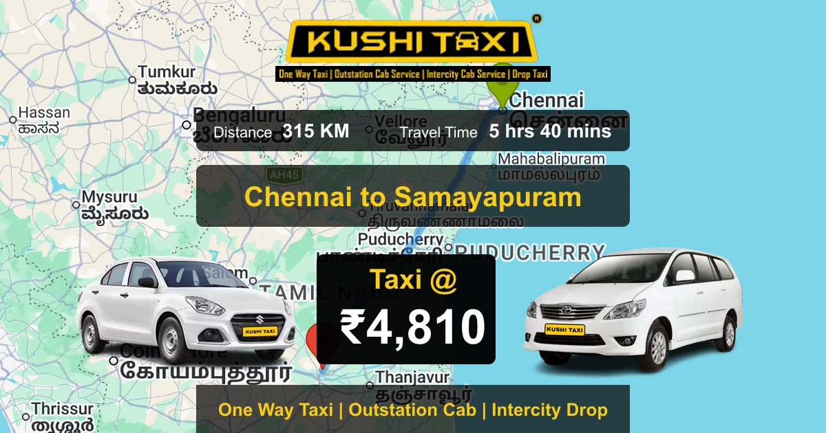 Chennai to Samayapuram taxi route map with distance, travel time and fare
