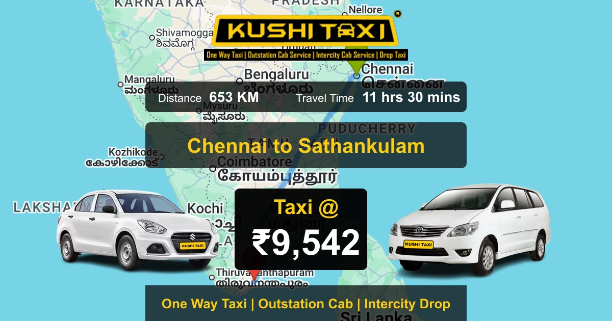 Chennai to Sathankulam taxi route map with distance, travel time and fare
