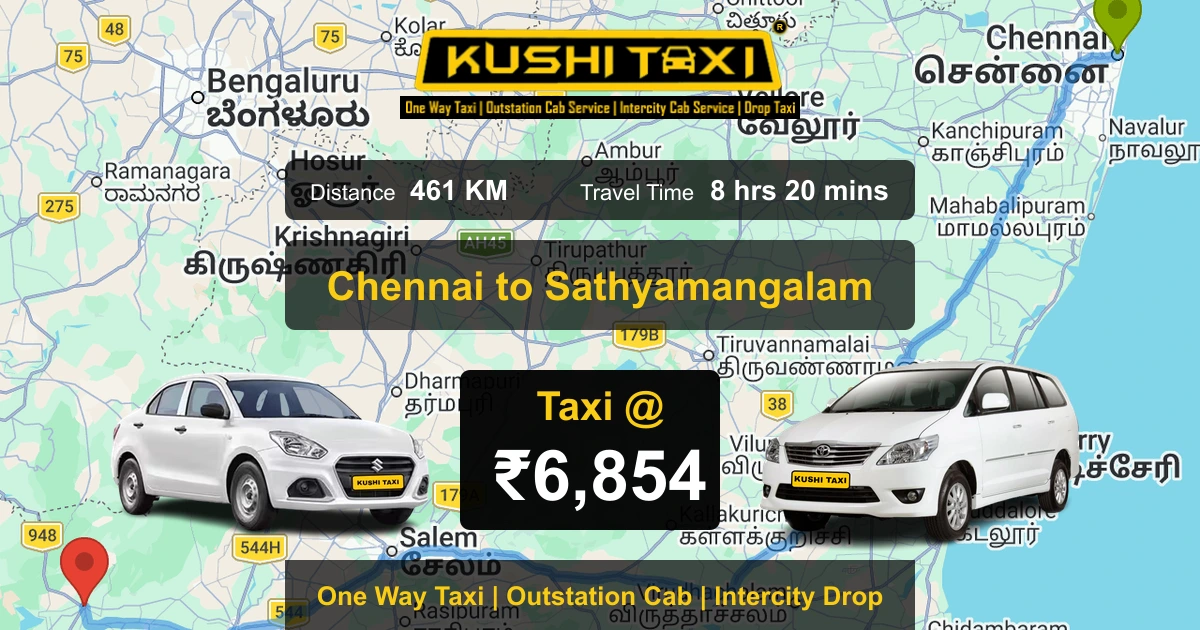 Chennai to Sathyamangalam taxi route map with distance, travel time and fare