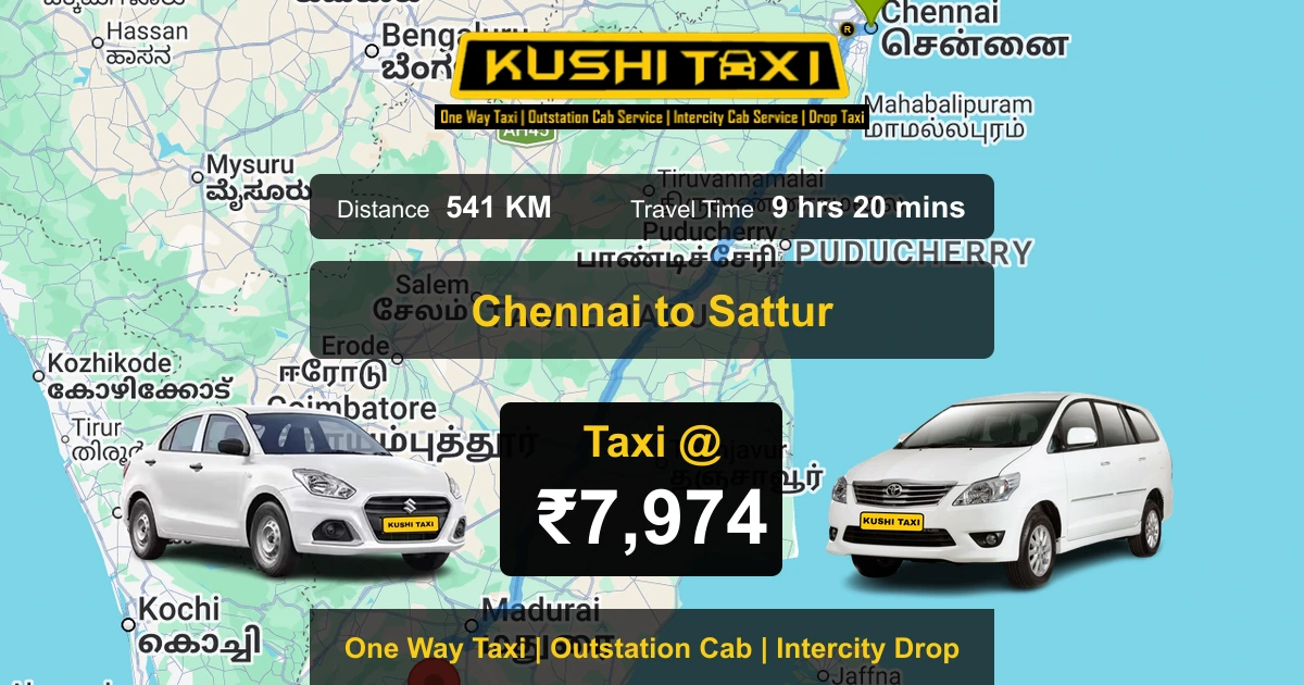 Chennai to Sattur taxi route map with distance, travel time and fare