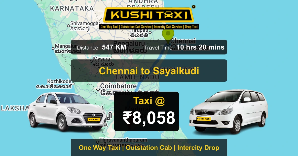 Chennai to Sayalkudi taxi route map with distance, travel time and fare