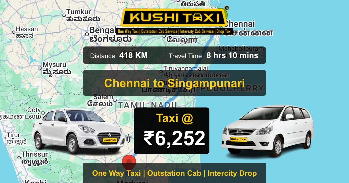 Chennai to Singampunari taxi route map with distance, travel time and fare