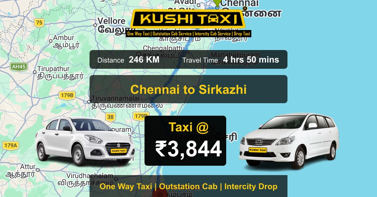 Chennai to Sirkazhi taxi route map with distance, travel time and fare