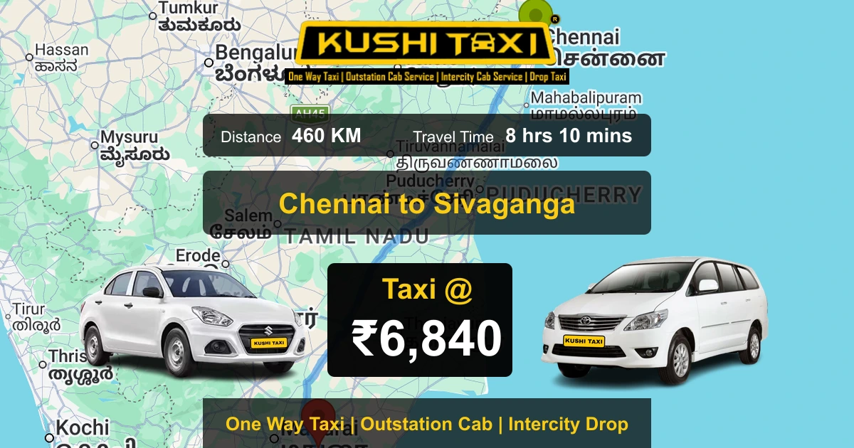 Chennai to Sivaganga taxi route map with distance, travel time and fare