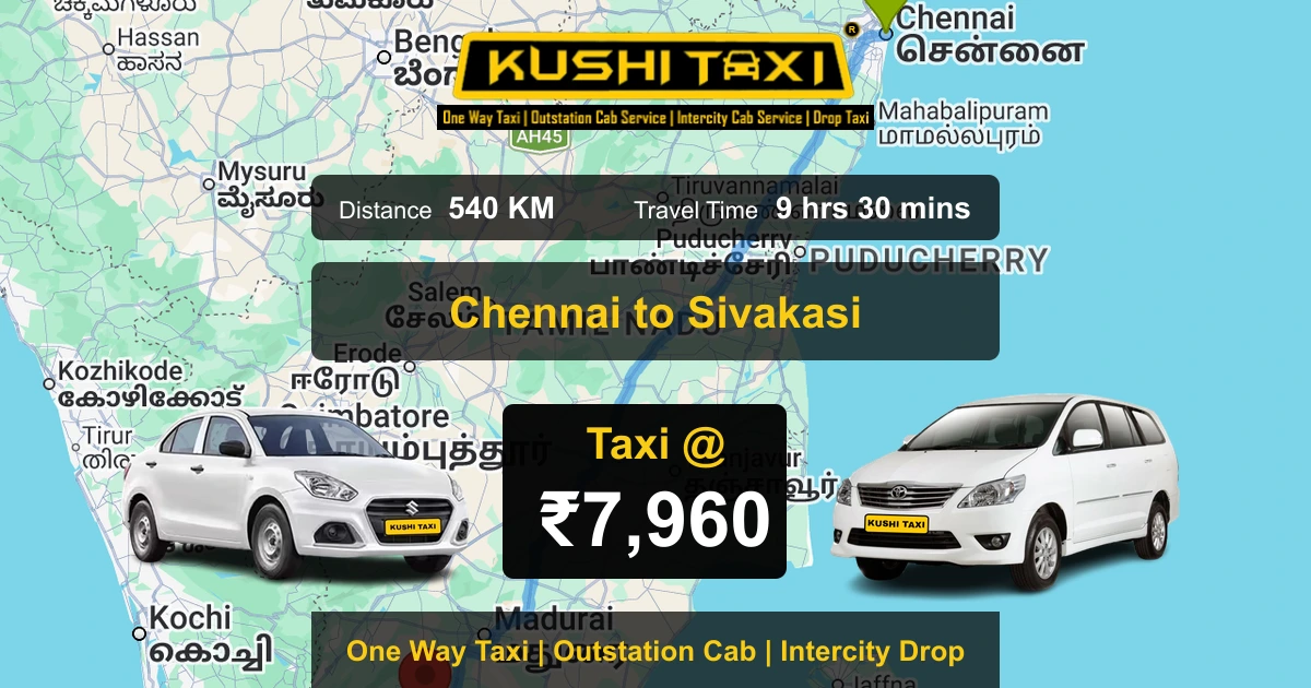 Chennai to Sivakasi taxi route map with distance, travel time and fare