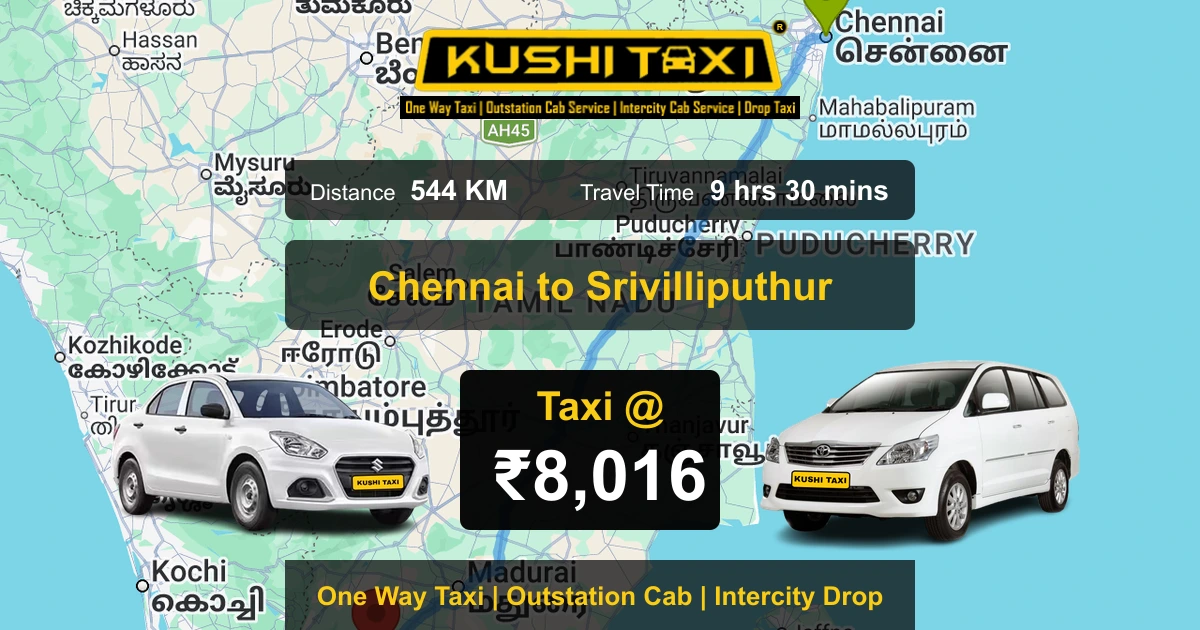Chennai to Srivilliputhur taxi route map with distance, travel time and fare