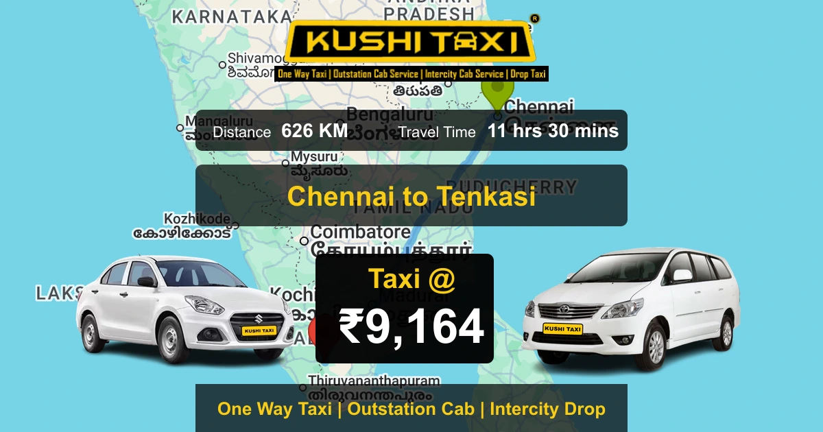 Chennai to Tenkasi taxi route map with distance, travel time and fare