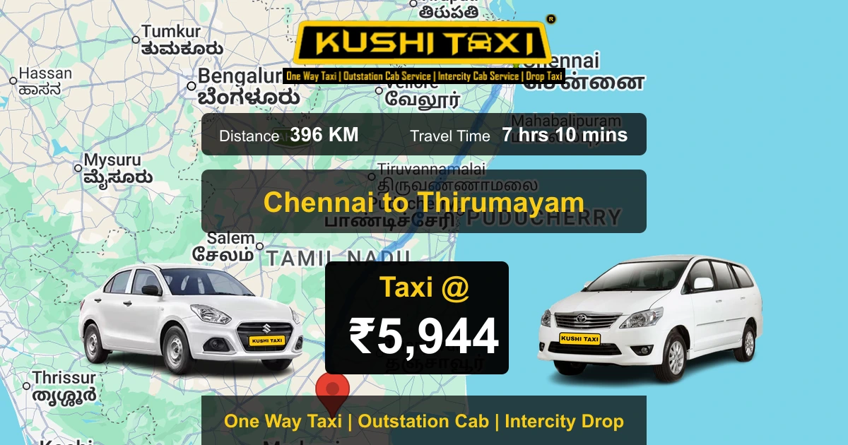 Chennai to Thirumayam taxi route map with distance, travel time and fare