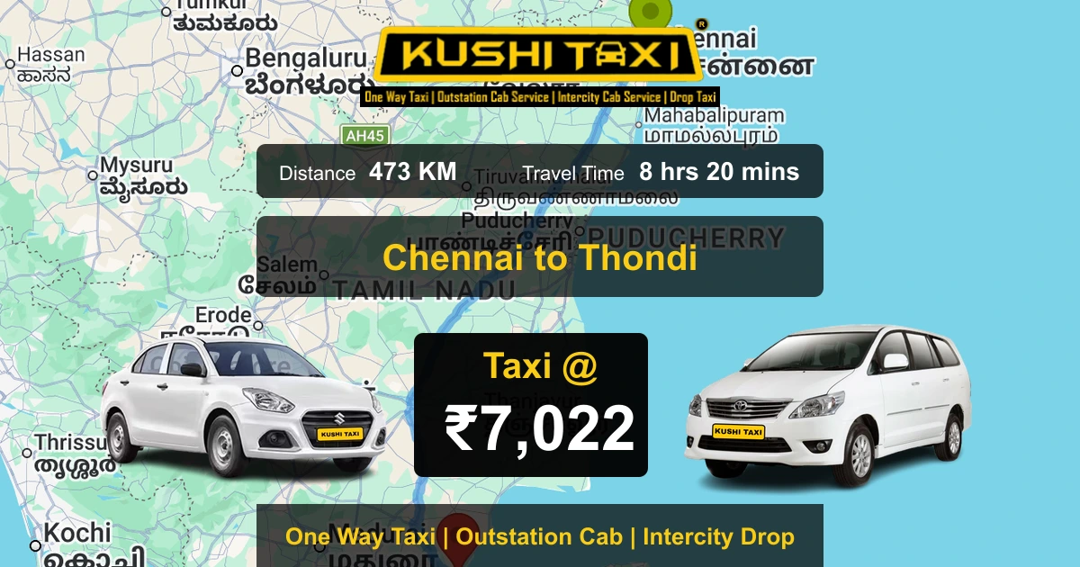 Chennai to Thondi taxi route map with distance, travel time and fare