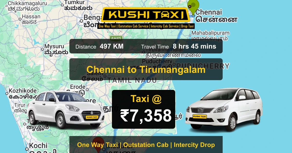 Chennai to Tirumangalam taxi route map with distance, travel time and fare