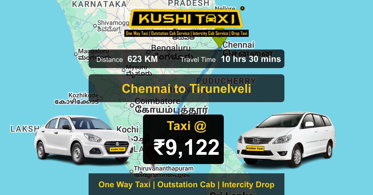 Chennai to Tirunelveli taxi route map with distance, travel time and fare