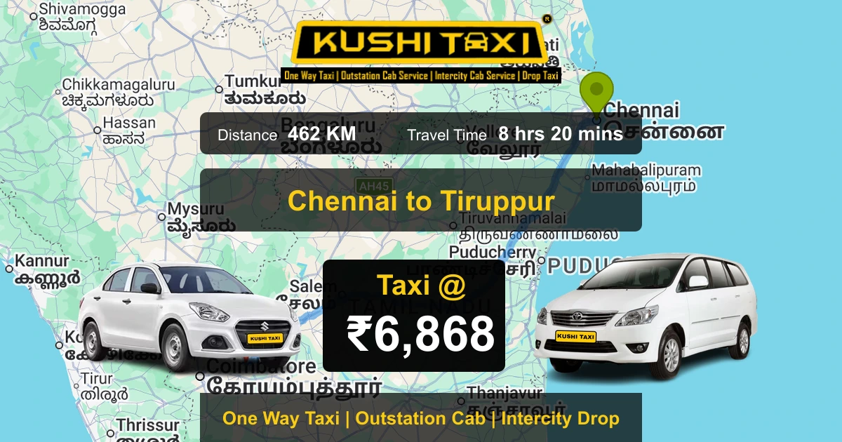 Chennai to Tiruppur taxi route map with distance, travel time and fare