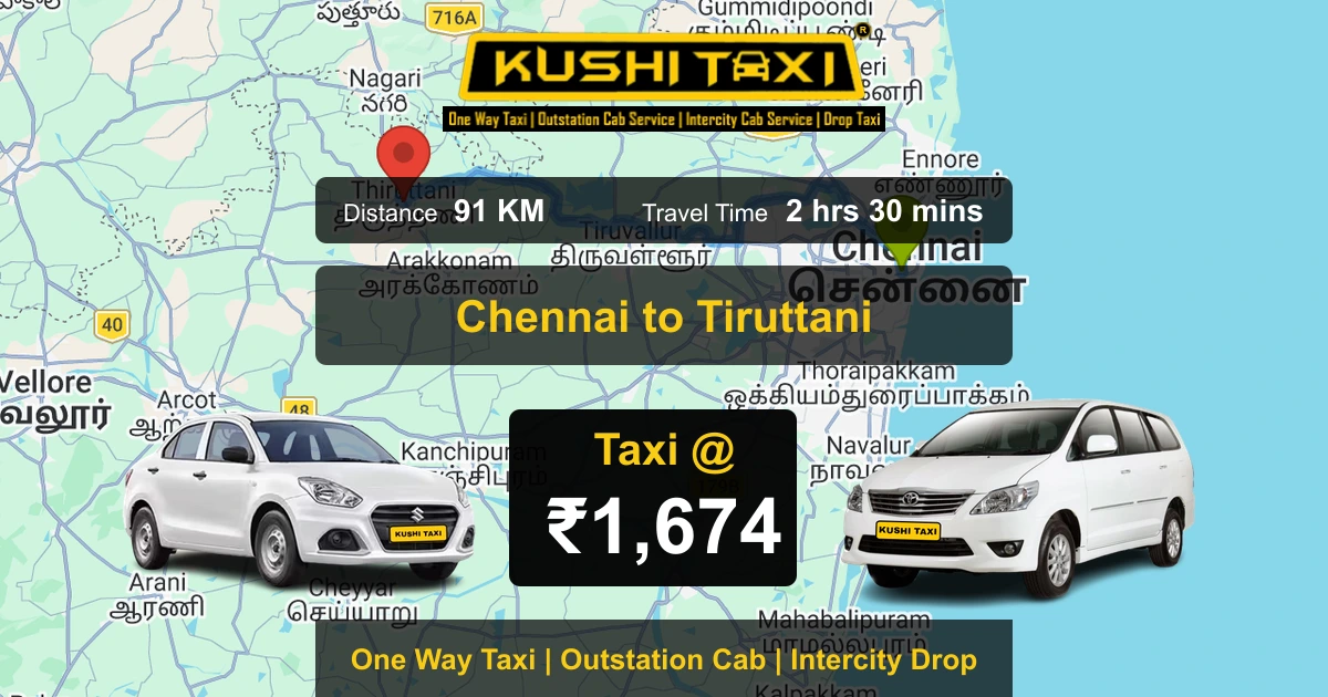 Chennai to Tiruttani taxi route map with distance, travel time and fare