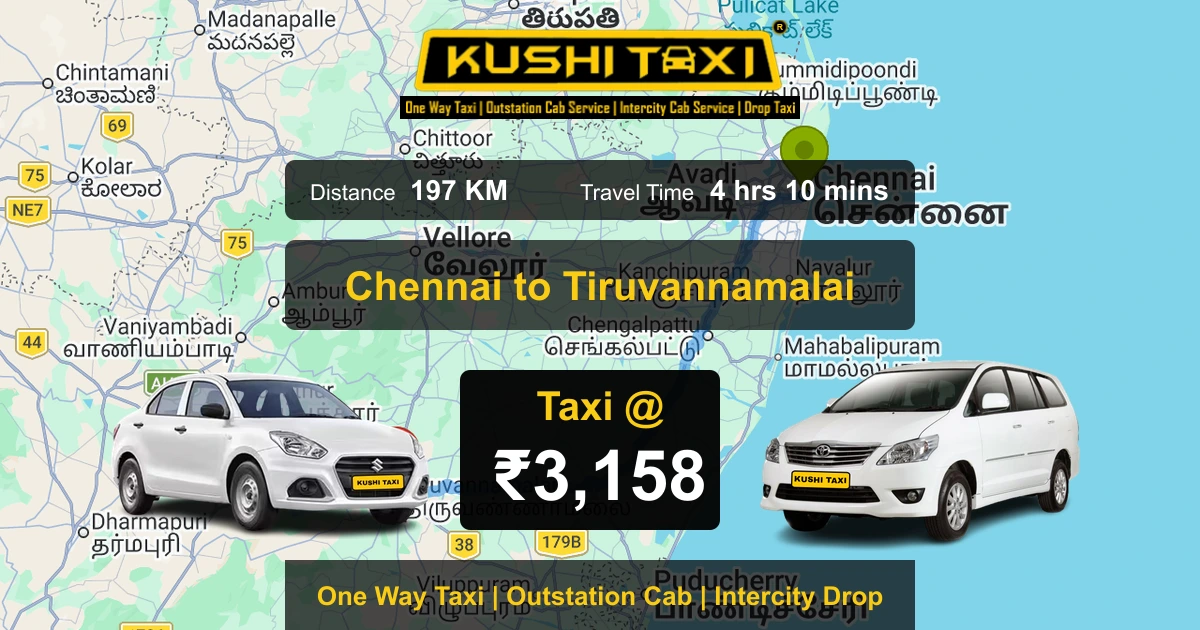 Chennai to Tiruvannamalai taxi route map with distance, travel time and fare