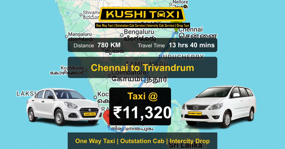 Chennai to Trivandrum taxi route map with distance, travel time and fare