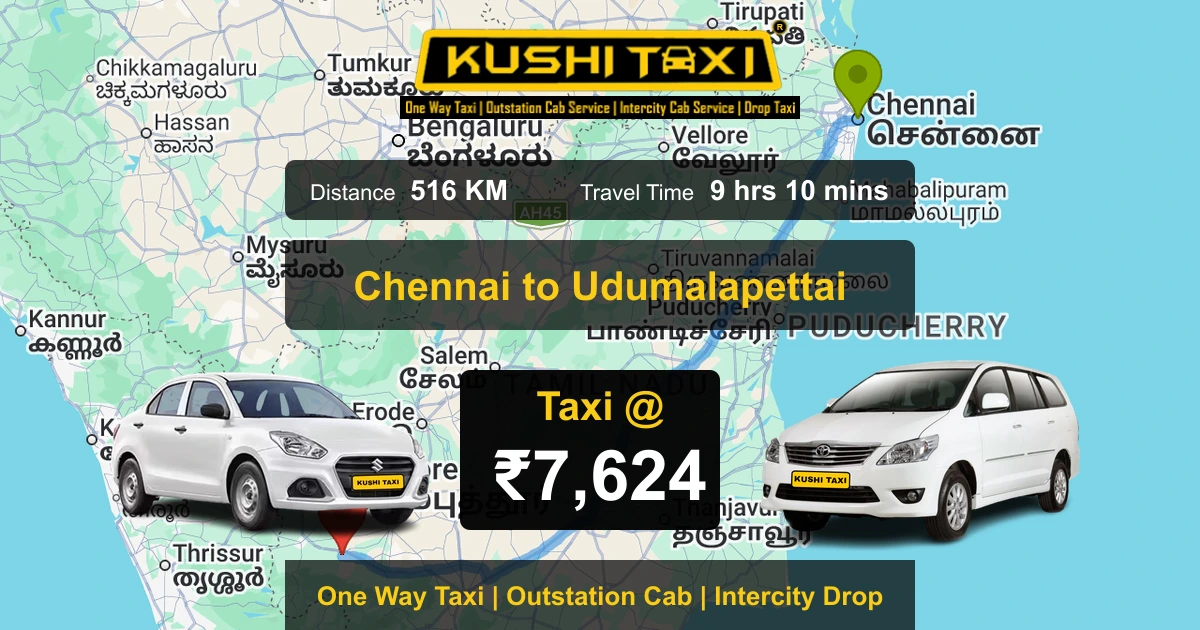 Chennai to Udumalapettai taxi route map with distance, travel time and fare