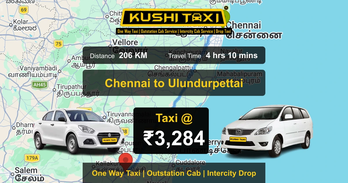 Chennai to Ulundurpettai taxi route map with distance, travel time and fare